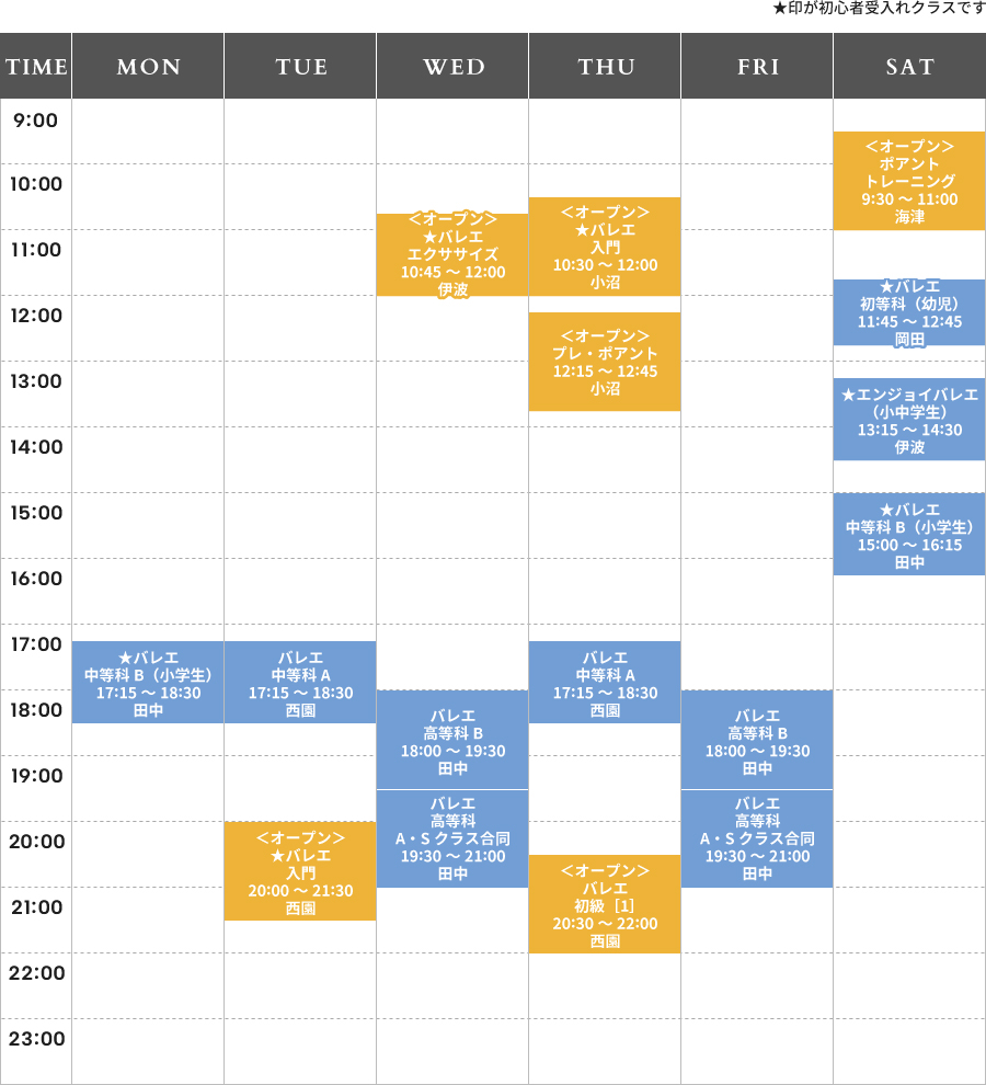 つくばスタジオタイムテーブル ★印が初心者受入れクラスです